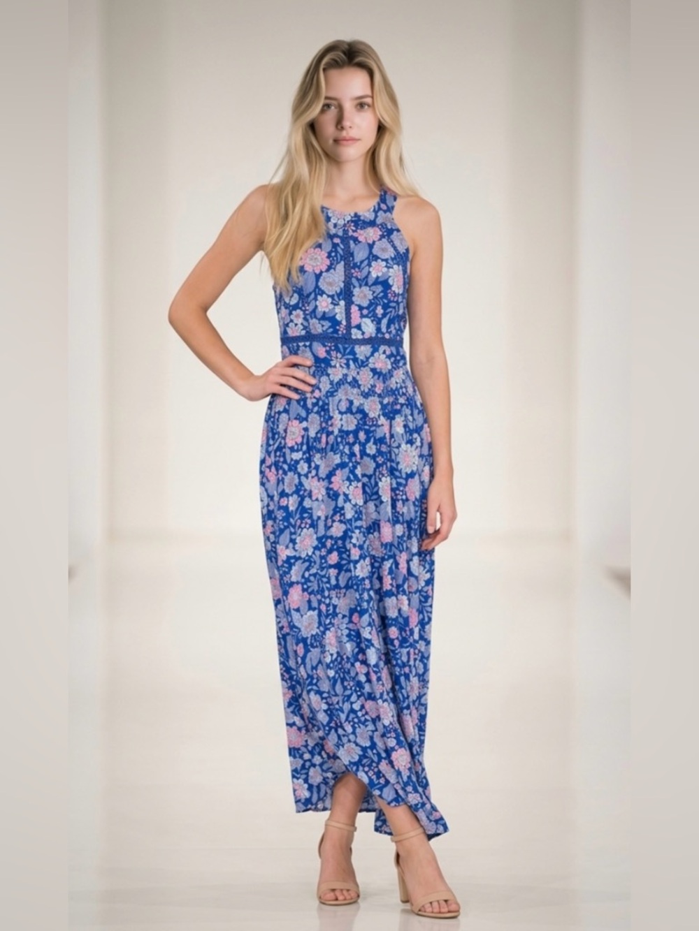 Anthro ABEL THE LABEL Charlotte Maxi Dress Blue Floral Halter Open Back Cut Outs